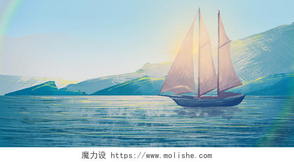 唯美清新手绘大海海洋帆船远航航海日风景原创插画素材